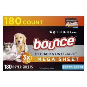 Bounce Pet Hair and Lint Guard Mega Dryer Sheets with 3X Pet Hair Fighters, Fresh Scent, 180 Count
