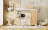 Twin Size Loft bed with L-shape Desk and Wardrobe, White