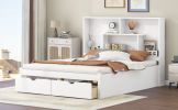 Queen Size Platform Bed with Storage Headboard and 2 Drawers, White